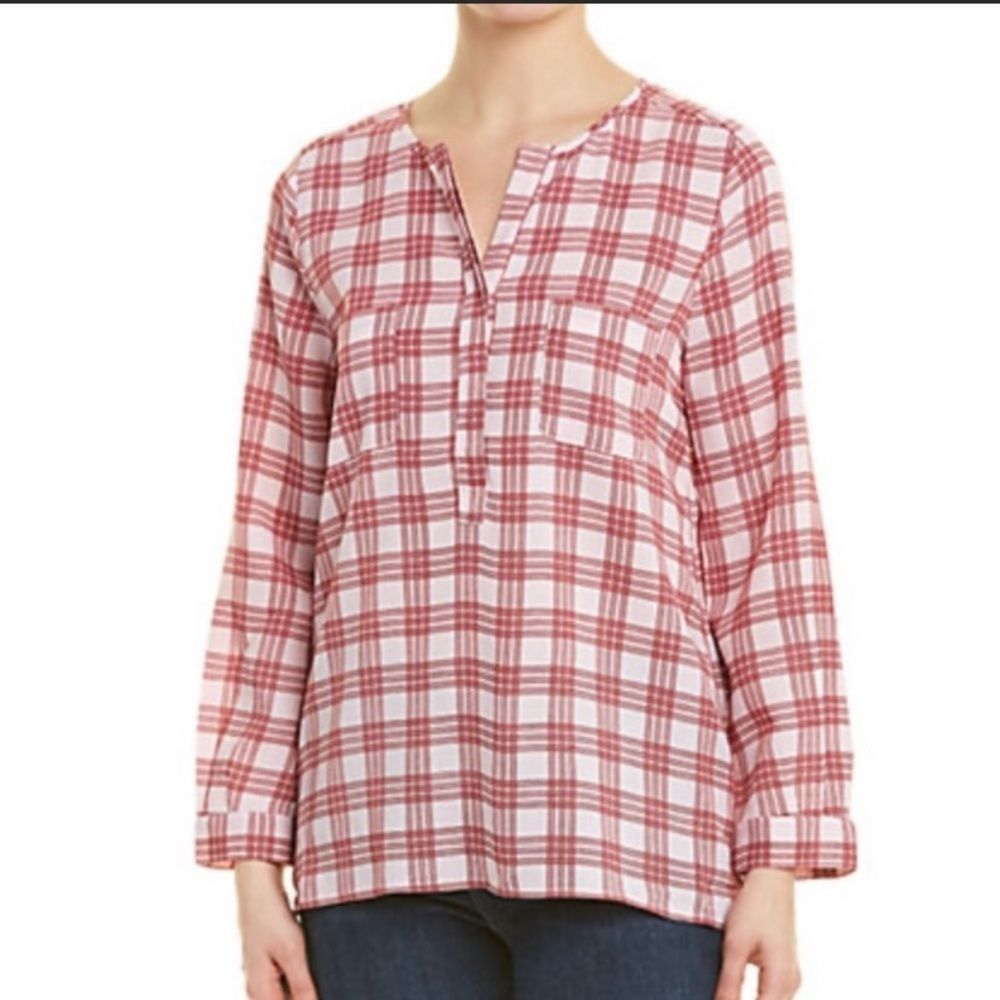 Joie light pink and red plaid popover blouse L